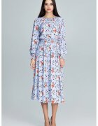 Figl Rochie M600 - florala - albastru - midi - maneci lungi - poliester 95% - elastan 5%