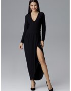 Figl Rochie maxi eleganta neagra - decolteu in V - maneci lungi - poliester -