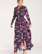 Figl Rochie maxi - negru floral - cu nasturi - poliester