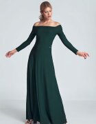Figl Rochie maxi verde - cu maneci lungi - decolteu mare - pliuri in zona pieptului - cusuta in talie - elastan 5% - poliester 95%