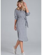 Figl Rochie midi gri cu dungi - maneci lungi - poliester -