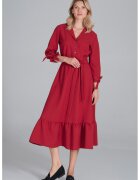 Figl Rochie midi rosie - poliester - cu curea - volane -