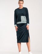 Figl Set bluza bicolor cu maneci lungi - fusta creion cu fanta - Bleumarin