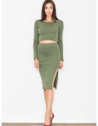 Figl Set elegant dama crop top si fusta - verde masliniu - bumbac 98% elastan 2%