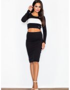Figl Set elegant M369 - crop top cu maneci lungi si fusta midi - negru - bumbac 98% elastan 2% -