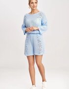 Figl Set tricotat pentru femei - bluza cu maneci 3/4 si pantaloni scurti - albastru - material moale -