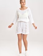 Figl Set tricotat pentru femei - bluza cu maneci 3/4 si pantaloni scurti - ecru - acrilic 50% - bumbac 50% -
