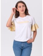 FOLD YOUR MIND Tricou cu aplicatii text si maneci cu volane - Alb/Portocaliu pal