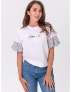 FOLD YOUR MIND Tricou din amestec de bumbac cu maneci cu volane - Negru/Alb optic