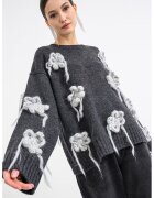 GANNI Pulover din amestec de lana cu detalii florale - Gri deschis melange/Gri antracit