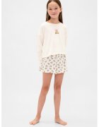 GAP Pijama cu imprimeu - maneci lungi si pantaloni scurti - Alb fildes/Maro deschis