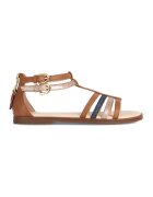 Geox Sandale de piele ecologica cu garnituri textile si barete multiple Karly - Auriu/Maro scortisoara/Bleumarin