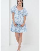 Gina Tricot Rochie scurta evazata cu maneci bufante si model - Albastru