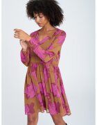 GreenPoint Rochie cu decolteu in V si model floral - Roz fandango/Maro inchis