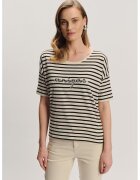 GreenPoint Tricou cu margele - dungi si decolteu rotund - Negru/Bej inchis