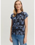 GreenPoint Tricou cu model floral si decolteu la baza gatului - Albastru ultramarin/Albastru