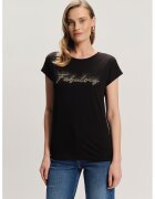 GreenPoint Tricou din amestec de modal cu text din strasuri - Negru