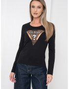 GUESS Bluza cambrata cu decolteu rotund si logo - Negru/Bronz