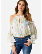 GUESS Bluza crop vaporoasa cu imprimeu - Alb/Verde deschis/Albastru deschis