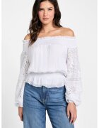 GUESS Bluza din amestec de matase cu decolteu pe umeri - Alb optic