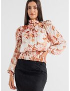 GUESS Bluza vaporoasa cu talie cu insertii elastice - Alb/Maro scortisoara