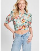 GUESS Camasa crop cu model floral - Albastru aquamarin/Portocaliu stins