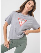 GUESS JEANS Tricou lejer din bumbac organic cu imprimeu logo pe piept - Rosu/Alb/Gri melange