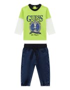 GUESS KIDS Set de bluza cu imprimeu logo si blugi - 2 piese - Alb/Verde lime/Albastru