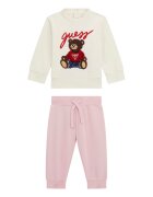 GUESS KIDS Set de bluza de trening si pantaloni cu aplicatie grafica - Alb fildes/Maro/Roz pastel