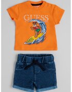 GUESS KIDS Set de tricou cu imprimeu grafic si blugi scurti cu model uni - 2 piese - Portocaliu/Albastru inchis