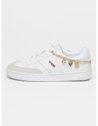 GUESS Pantofi sport de piele ecologica cu accesoriu lant - Auriu/Gri deschis/Alb optic