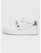 GUESS Pantofi sport de piele ecologica cu detalii logo metalice - Auriu/Alb optic