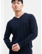 GUESS Pulover cu decolteu in V si logo - Albastru inchis