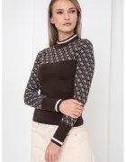 GUESS Pulover cu guler scurt si garnitura cu model - Alb/Maro inchis