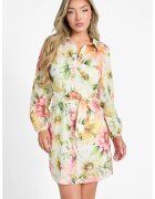 GUESS Rochie cu model floral si cordon in talie - Alb/Verde/Roz