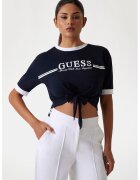 GUESS Tricou crop cu imprimeu logo - Alb/Albastru ultramarin