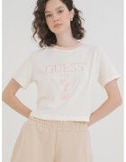 GUESS Tricou crop cu logo - pentru fitness - Alb fildes/Roz prafuit