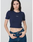GUESS Tricou crop cu logo - pentru fitness - Alb murdar/Bleumarin
