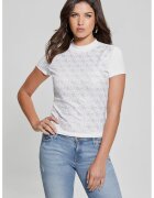 GUESS Tricou crop cu model monograma cu strasuri - Alb/Argintiu