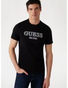 GUESS Tricou cu decolteu la baza gatului si imprimeu logo - Alb fildes/Negru/Albastru prafuit