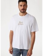 GUESS Tricou cu decolteu la baza gatului si imprimeu pe spate - Maro nisip/Alb optic