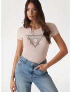 GUESS Tricou cu decolteu rotund si imprimeu logo - Alb murdar/Roz prafuit