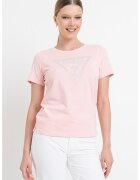 GUESS Tricou cu decolteu rotund si logo cu strasuri - Alb/Roz pastel/Argintiu