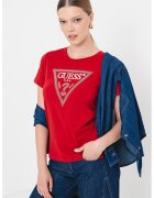 GUESS Tricou cu decolteu rotund si logo cu strasuri - Rosu inchis/Argintiu