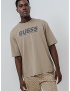 GUESS Tricou cu logo si maneci medii - Maro nisip/Gri inchis