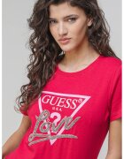GUESS Tricou de bumbac cu strasuri - Fucsia/Argintiu