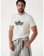 GUESS Tricou regular fit cu imprimeu logo pe partea din fata - Alb fildes/Gri inchis