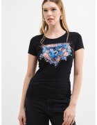 GUESS Tricou slim fit cu logo si decolteu la baza gatului - Negru/Albastru