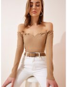 Happiness İstanbul Bluza dama - - volane texturate - bej - jerseu