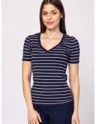 Heavy Tools Tricou din amestec de modal cu decolteu in V si model in dungi Mistry - Alb/Bleumarin